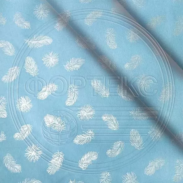 Ткань Тик полиэстер 571 Feather blue silver голубой, рисунок перья с напылением