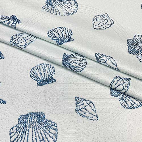 Трикотажное полотно FRTX 25 035 Ракушка белого цвета с синим рисунком